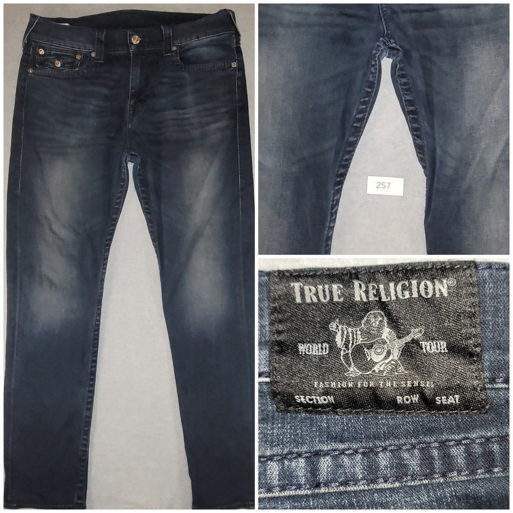 True Religion Geno Relaxed Slim Jeans Mens 34 Dark Wash Denim Whiskered Blue